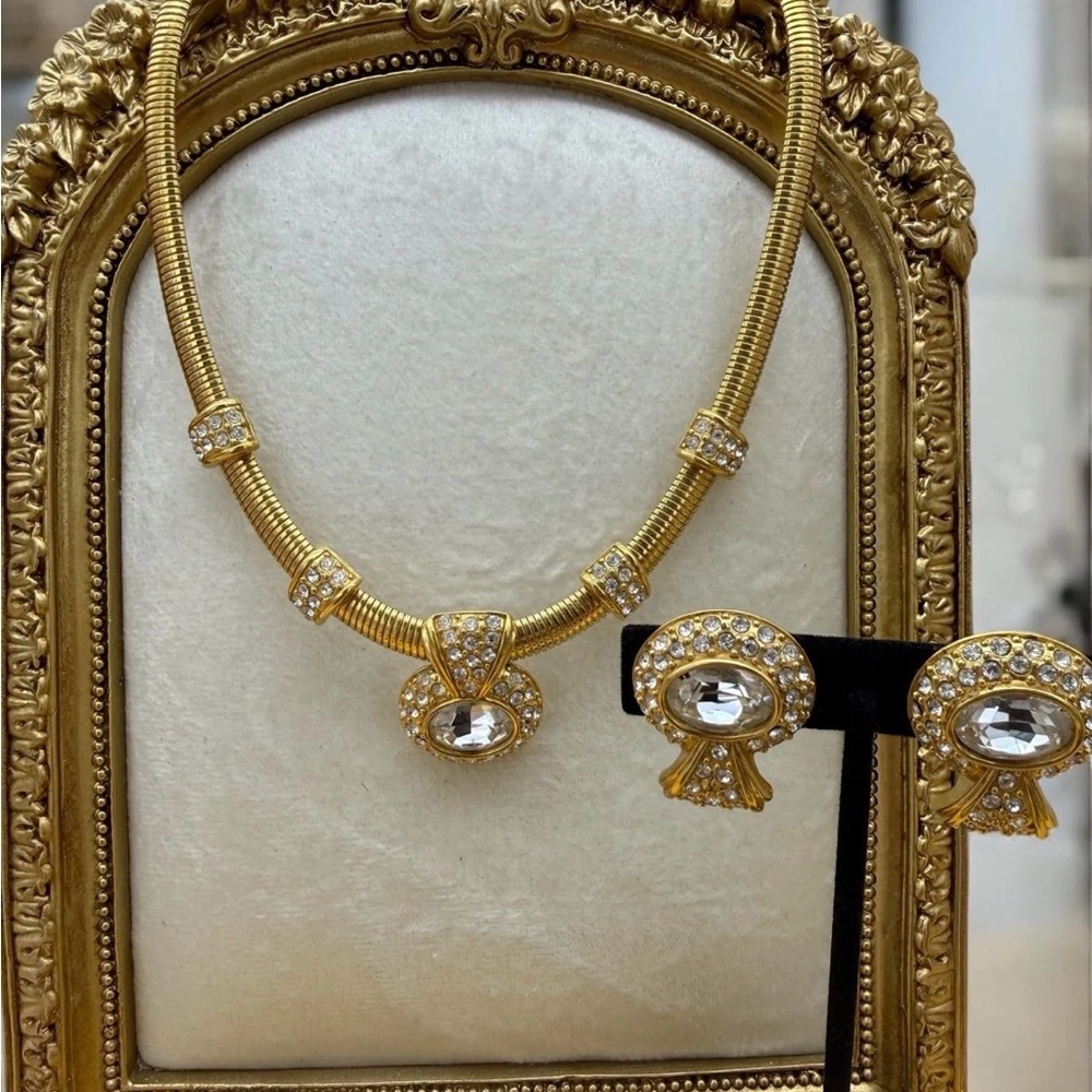 Vintage Rare Signed Monet Elegant Gold Crystal Necklace and Earring Set - Gold